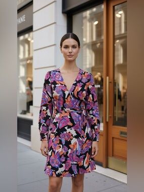 Topshop Multicolor Floral Long Sleeve Flattering Wrap Dress with Open Back